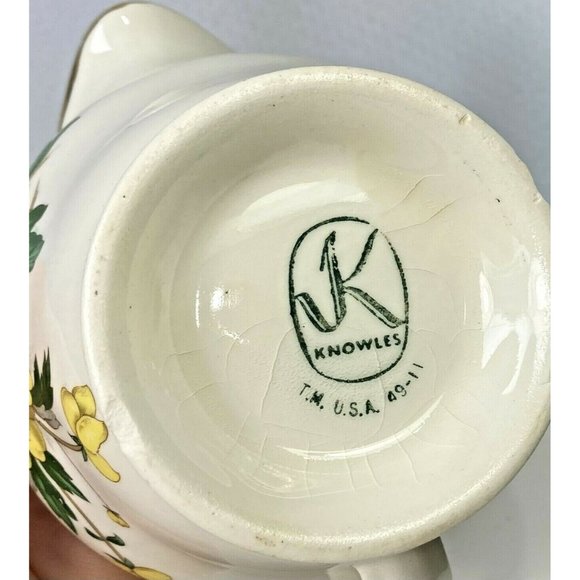 Vintage Knowles Yellow Buttercup China Creamer Pitcher Footed Cup Gold Trim USA - Picture 7 of 11